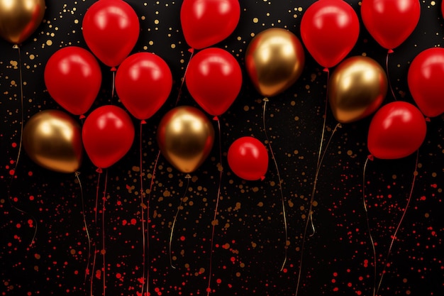 Los globos vuelan en el aire con ai generativa de confeti dorado y rojo.