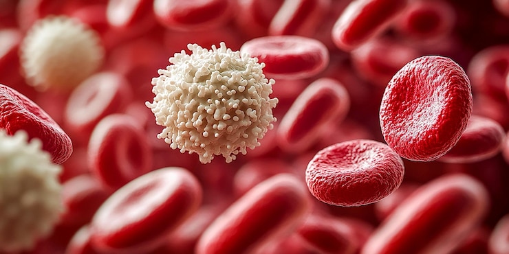 Foto un glóbulo blanco con una superficie granular rodeado de muchos glóbulos rojos lisos