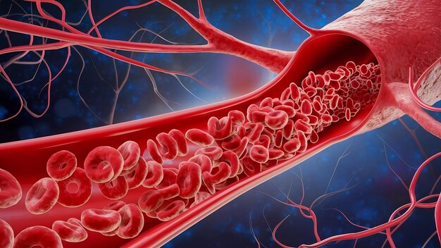 Foto los glóbulos rojos dentro de una arteria vena flujo de sangre dentro de un organismo vivo