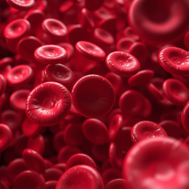 Foto los glóbulos rojos flotan en un arreglo dinámico contra un fondo rojo vívido