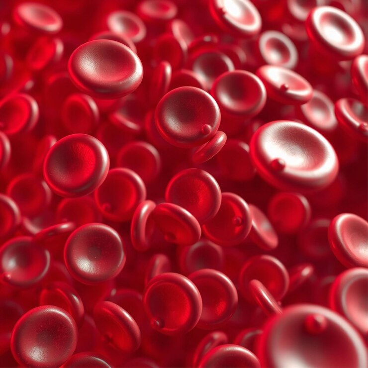 Foto los glóbulos rojos flotan en un arreglo dinámico contra un fondo rojo vívido