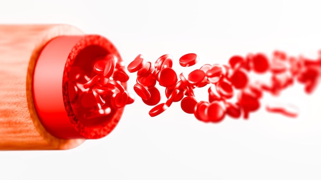 Los glóbulos rojos que fluyen de las venas sangrientas aisladas en un fondo blanco Ilustración 3D