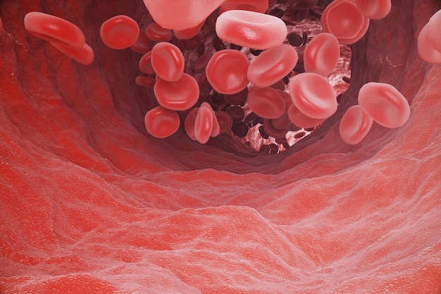 Los glóbulos rojos: responsable del traslado del oxígeno, la regulación del pH de la sangre, la alimentación y la defensa de las jaulas del organismo. representación 3d