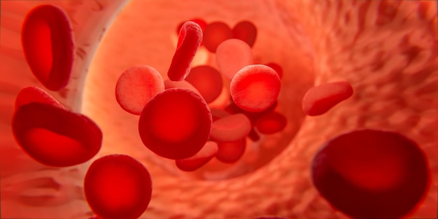 Los glóbulos rojos en la vena o la arteria fluyen dentro de la vista de un organismo vivo desde el endoscopio o el microscopio, la prevención y el tratamiento de las venas y las enfermedades del sistema circulatorio, la representación 3d