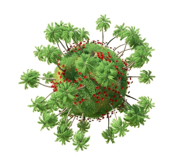 Globus aus roten Blumen und Bäumen isoliert auf weißem Hintergrund