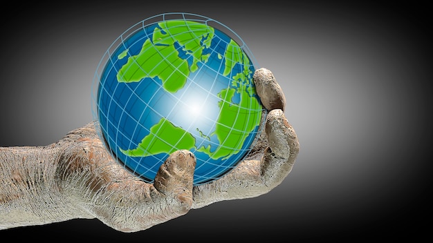 Globus in der Hand eines Mannes. Ökologie und Sicherheit des Planeten. Umweltschutz. Illustration. Konzept für Design und Werbung. Platz kopieren. 3D-Bild.