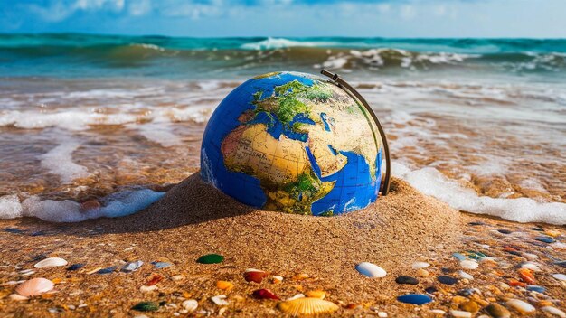 Foto globus in sand mit sanften wellen, der den schutz des ozeans unter einem klaren blauen himmel auf den weltmeeren symbolisiert