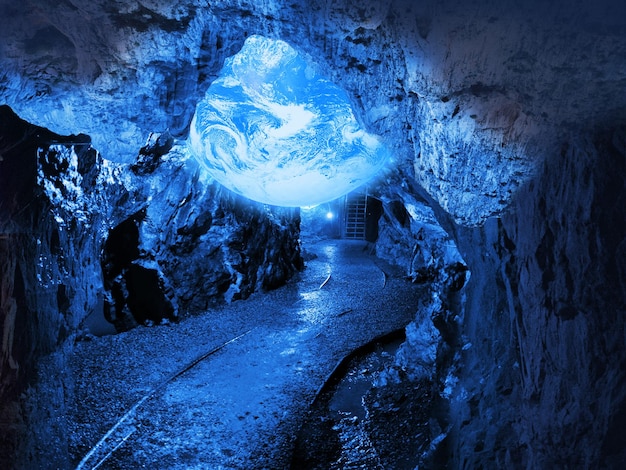 Foto globus mit blauem licht in einer dunklen höhle, perfekt für sci-fi-hintergründe und tapeten.