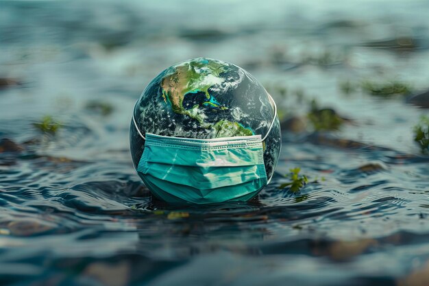 Foto globus mit maske schwebt im wasser