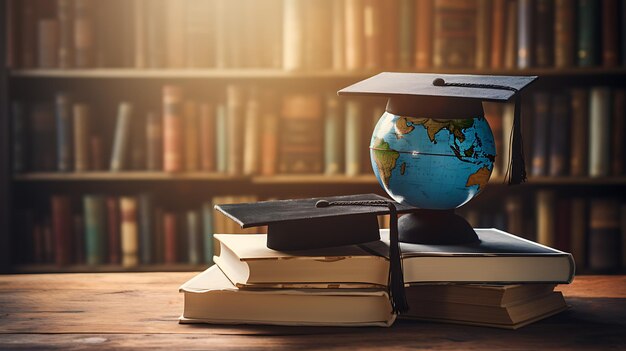 Globus und Abschlusskappe auf dem Buchstapel in der Bibliothek Bildungskonzept