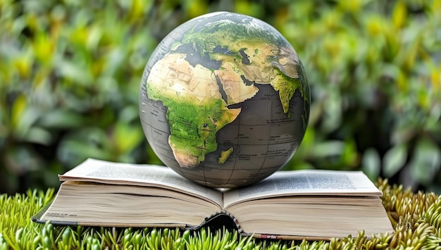 Globus und offenes Buch über den Hintergrund des grünen Grases Erdtagskonzept