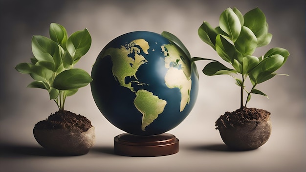 Globus und Pflanze im Topf auf grauem Hintergrund Konzept zum Tag der Erde