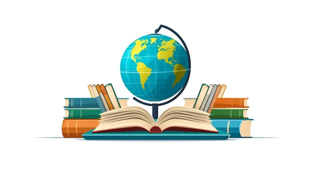 Globus und viele Bücher auf einem Holztisch in der Nähe der grünen Tafel Geographie Unterricht