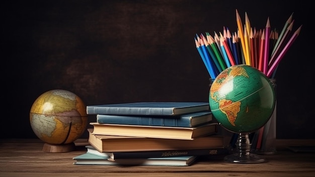 Globusbücher und Bleistifte auf Holzhintergrund Zurück zum Schulkonzeptgenerative KI