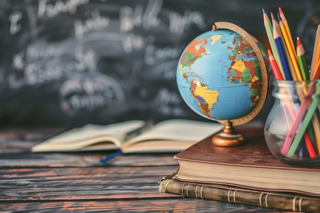 Globusbücher und Schreibwaren auf dem Tisch der Lehrer
