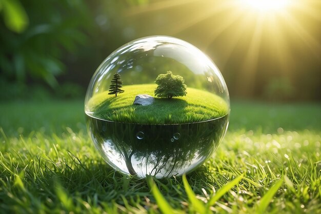 Globusglas auf Gras mit Sonnenlicht-Umgebungskonzept