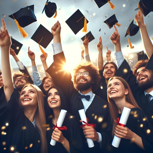 Foto glória da formatura celebrando conquistas marcantes com casais e equipes em bonés e vestidos abraçados