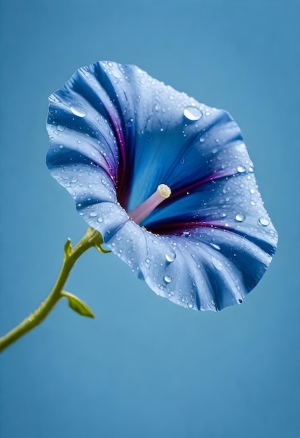 Glória da manhã azul com gotas de água contra fundo azul