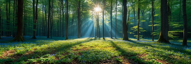 La gloria de la mañana en el bosque Los rayos de sol bailando a través del bosque