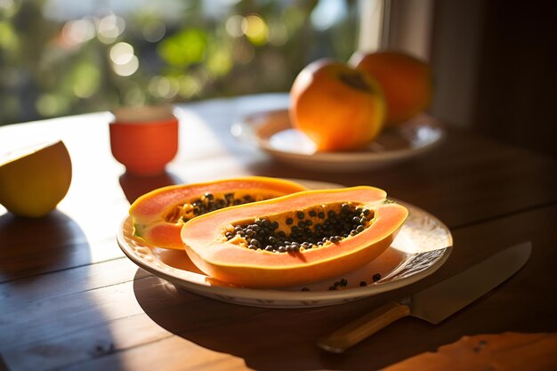 La gloria matinal de la papaya a la mitad iluminada en la primera luz del amanecer