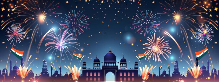 Gloriosa bandera de la India con fuegos artificiales Celebración del Día de la Independencia Concepto con espacio de copia para el texto