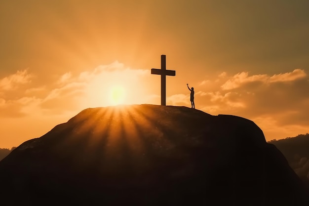 Glorreiches symbolisches Kreuz des Erwachens bei Sonnenaufgang, das die Auferstehung bedeutet
