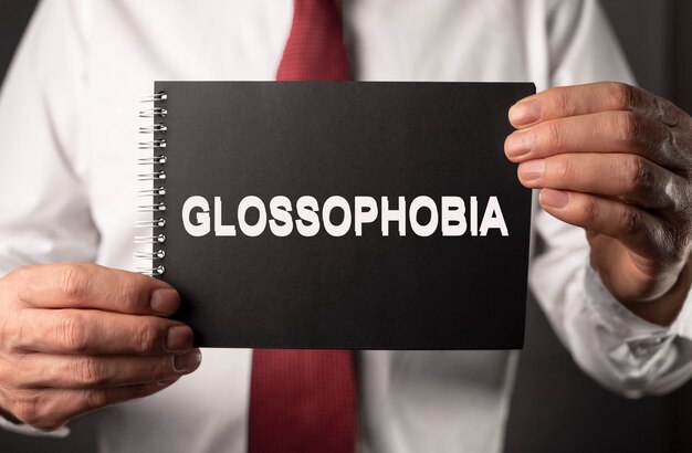 Glossophobie-Wort Angst vor öffentlichen Reden in Geschäftsmannhänden business