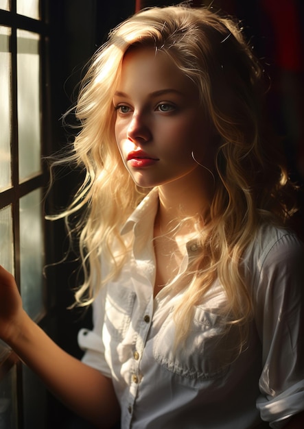Glow Dourado Um retrato fotorrealista de uma jovem beleza francesa em pano loiro Detalhes iluminados