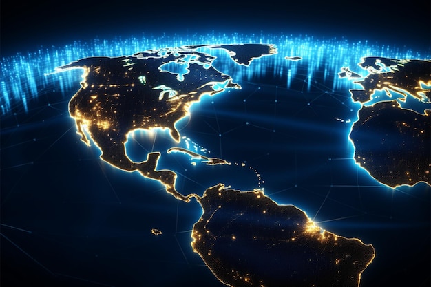 Foto glow geográfico mapa mundial nas américas com latitude e longitude brilhantes