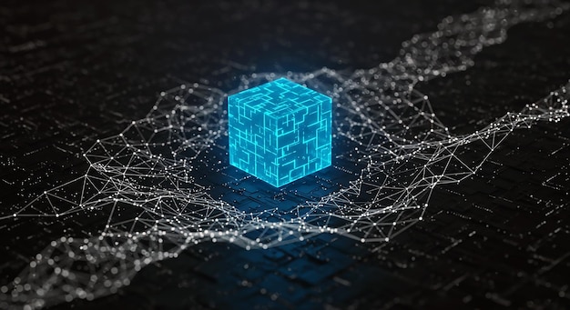 A glowing blue cube with circuitlike patterns rests on a dark technological surface surrounded by a network of interconnected nodes The image evokes concepts of data technology and digital innovation