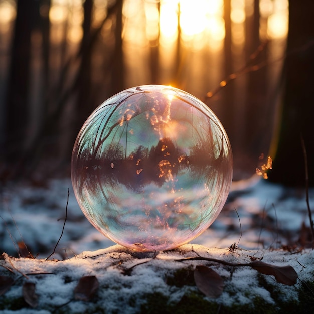 Glowing bola de cristal con bosque de invierno en el fondo hermoso paisaje