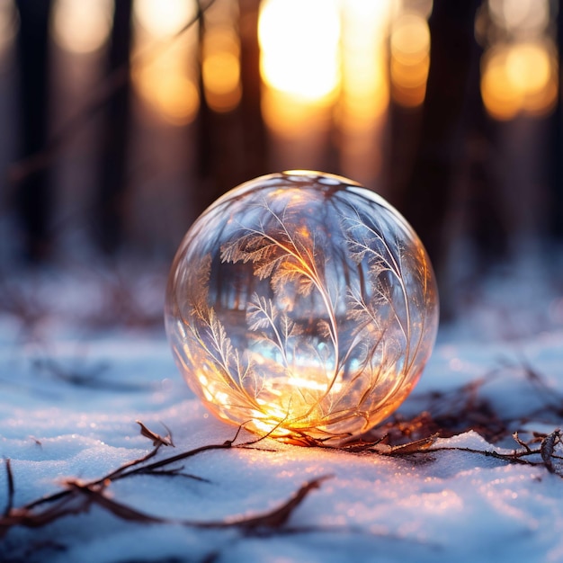 Glowing bola de cristal com floresta de inverno no fundo Paisagem bonita