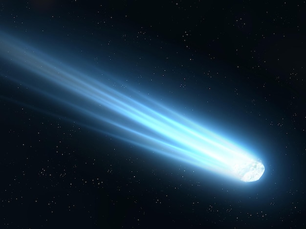 Glowing comet with a long tail Falling star against the background of space Dangerous