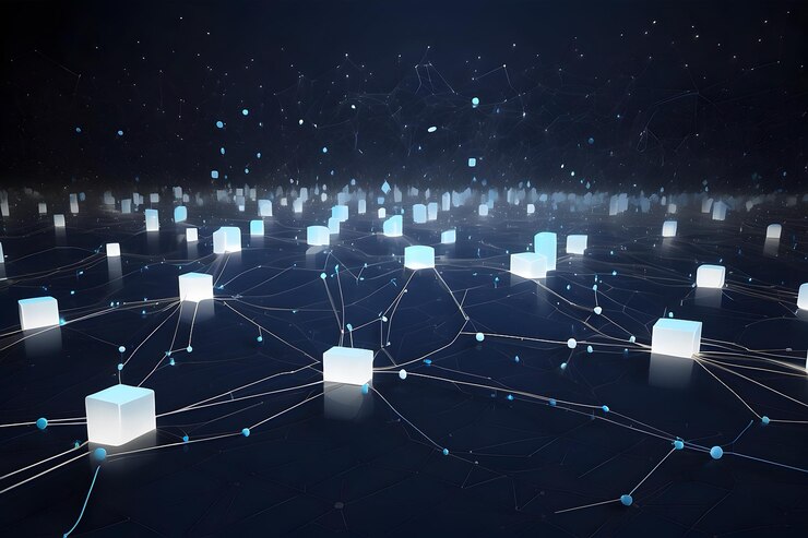 Foto glowing data nodes un minimalista donde los nodos azul-blancos brillantes representan trozos de grandes datos