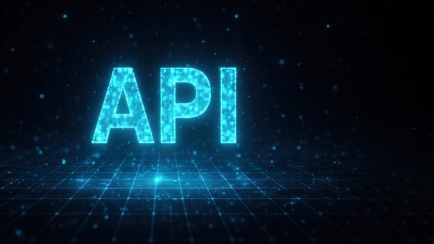 A glowing fragmented api text surrounded by a grid of blue particles with a dark background application programming interface api api programming