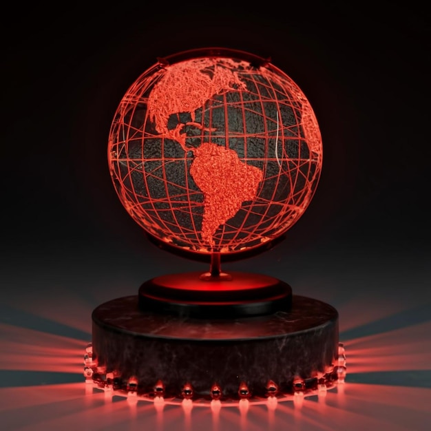 Glowing Globe Podium de luz roja de pie en la base oscura