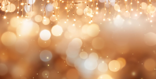 Glowing guirnalda de luces celebra las vacaciones de Navidad luces Bokeh en fondo amarillo dorado