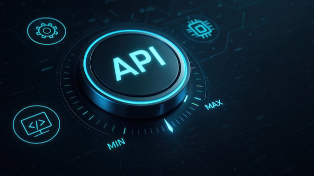 A glowing metallic dial marked with api in the center surrounded by abstract elements application programming interface api api programming