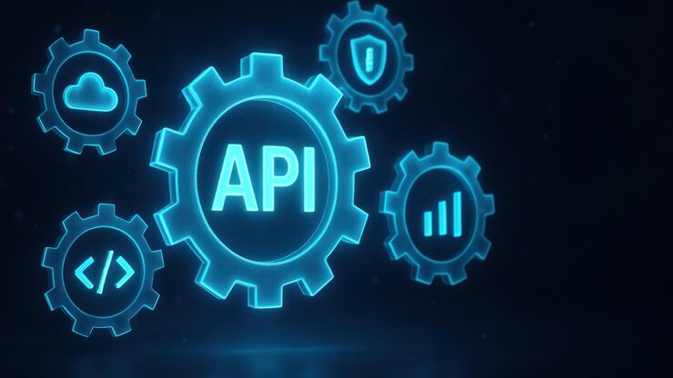 Foto glowing translucent gears and icons float around the api symbol on a gradient background application programming interface api api programming