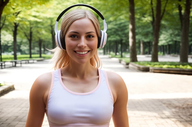 Glücklich lachendes hübsches blondes junges Mädchen in Sportkleidung und Brille mit kabellosen Kopfhörern in Grün