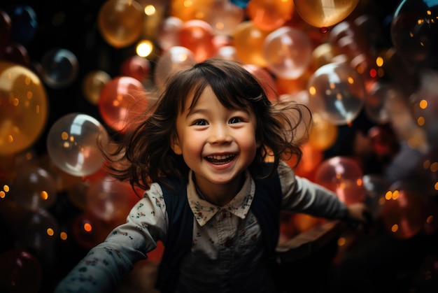 Glücklich lächelnd läuft ein kleines Mädchen vor dem Hintergrund von Ballons Foto hoher Qualität