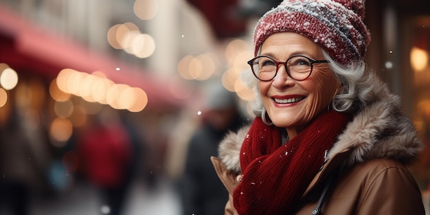 Glücklich lächelnde ältere Frau mit Brille und Winterkleidung, die an der Weihnachtsstraße in der Stadt spaziert