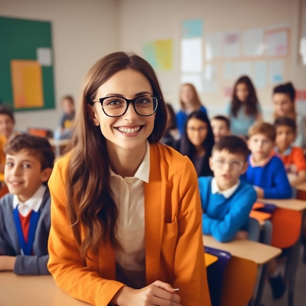 Glücklich lächelnde junge Lehrerin mit Brille über dem Klassenzimmer