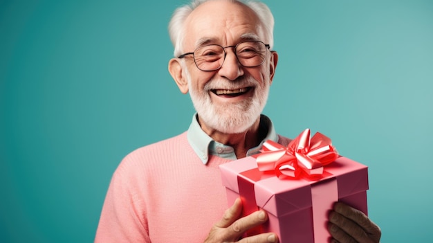 Glücklich lächelnder älterer Mann mit Geschenkbox auf farbigem Hintergrund