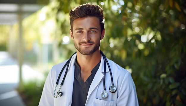 Foto glücklich lächelnder arzt oder krankenschwester mit stethoskop, gutaussehend und jung