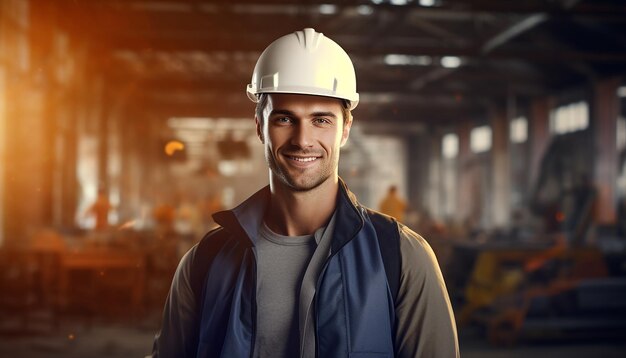 Glücklich lächelnder männlicher Ingenieur, niedliche junge Leute, die slawisches Aussehen haben