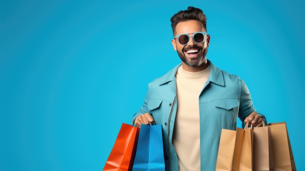 Glücklich lächelnder Mann mit Einkaufstüten auf blauem Hintergrund