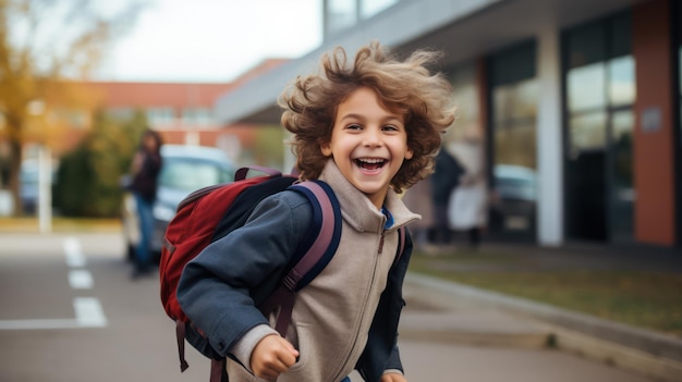 Glücklich lächelnder Schüler, der zur Schule rennt