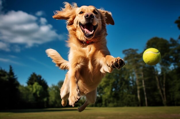 Glücklich springender Golden Retriever in der Luft. Generative KI