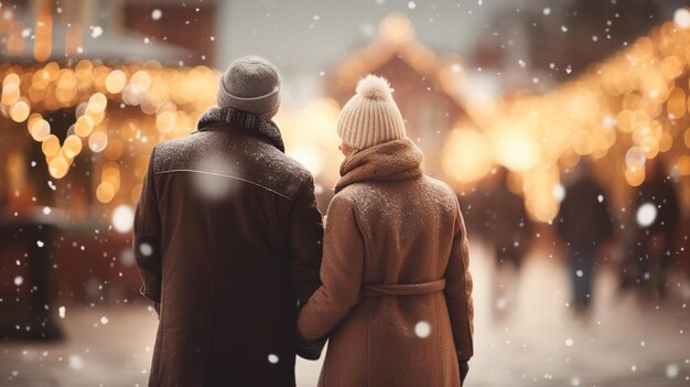 Glücklich zwei ältere Menschen, eine Frau und ein Mann, die vor dem Hintergrund der Lichter des Weihnachtsmarktes Händchen haltend auf der Straße laufen und Mäntel tragen. Design ai